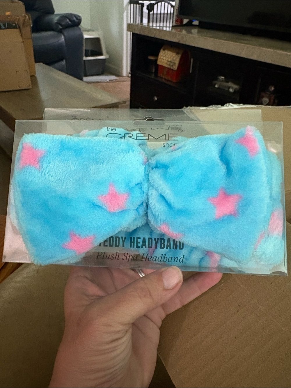 Plush Spa Headband for Women - Blue with Pink Stars